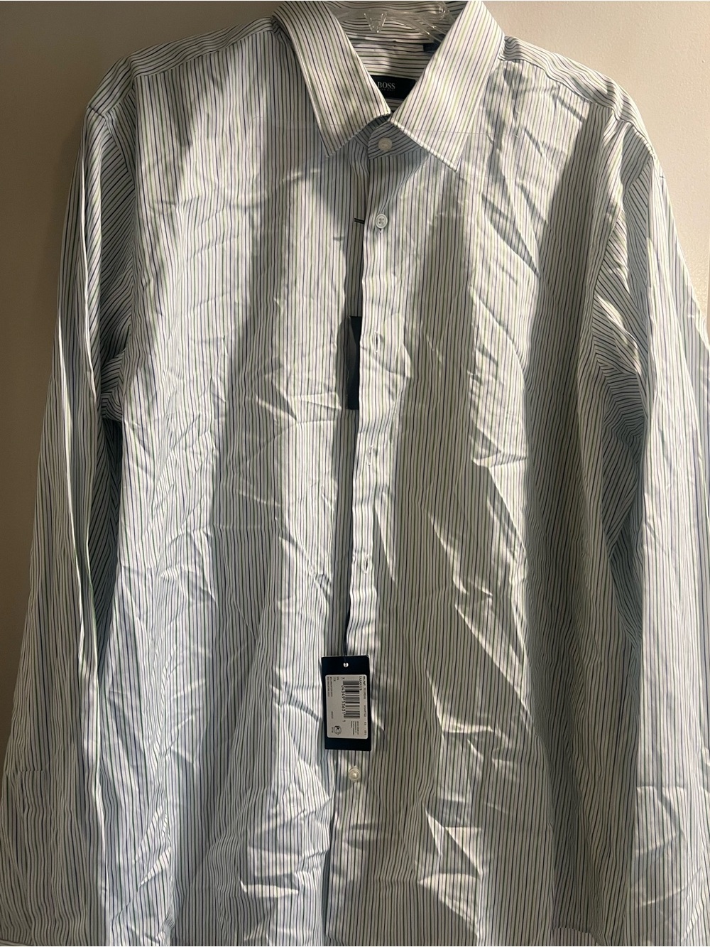 Hugo Boss White Dress Shirt with Light Blue Pinstripes 17 1/2 - 36/37 sleeve